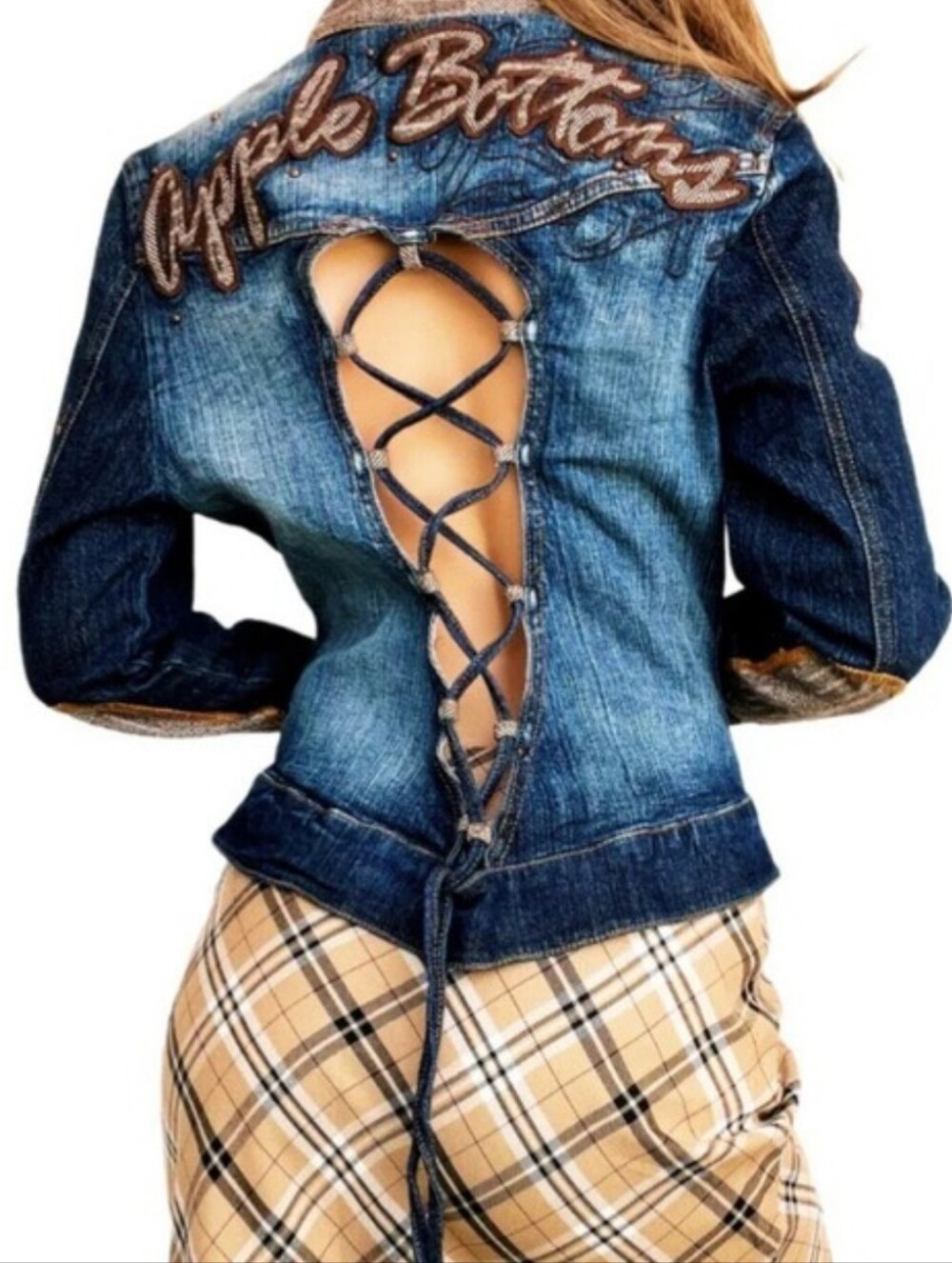 🍎 Y2K APPLE BOTTOMS 90'S VINTAGE JEAN JACKET WITH EMBROIDERY AND LACE UP BACK